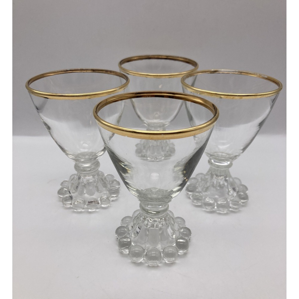 Set Of 4 Clear Glass Gold Rimmed Boopies 3.5 Inch Footed 3 oz Liquor